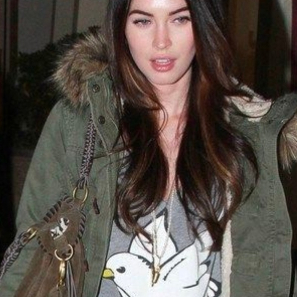 Megan Fox Look Alike Green Parka with Faux Fur Hood